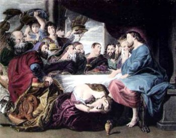Mary Magdalene kisses Jesus Feet Surrounded by Jealous Apostles .. Painting by Rubens