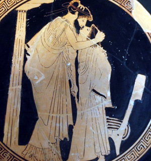 An Ephebe Kisses a Man in this Tondo from an Attic kylix, 5th c. BCE by the Briseis painter, from the Louvre