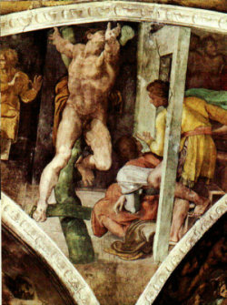 The Punishment of Haman by Michelangelo 1508-12 Fresco Cappella Sistina, Vatican
