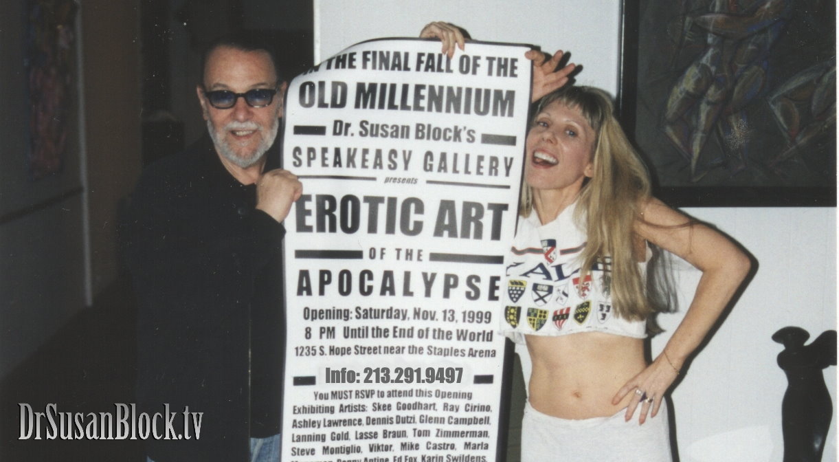 Lasse Braun and Dr. Susan Block getting ready for the "Erotic Art of the Apocalypse" opening at the Speakeasy Gallery in 1999.