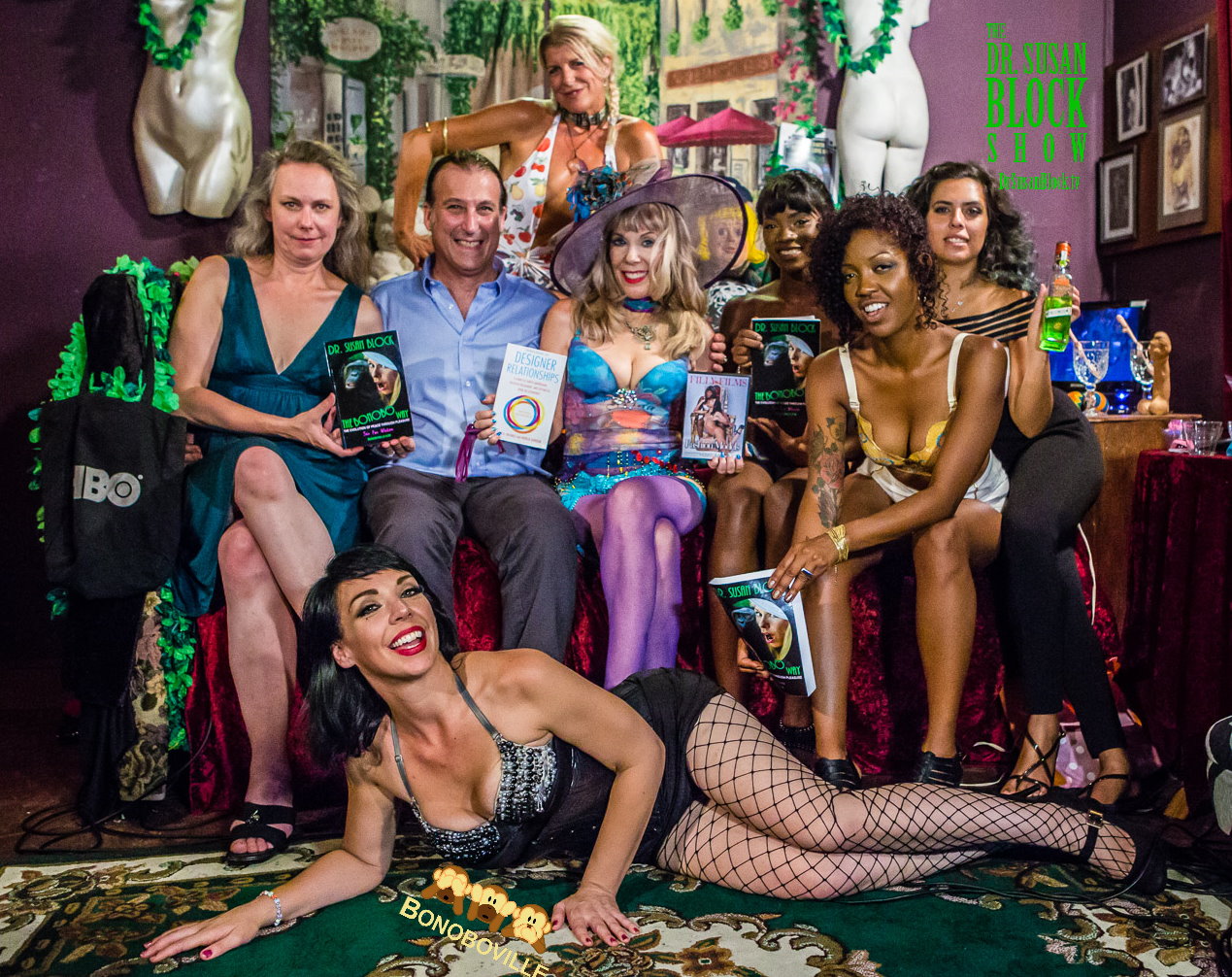  Patricia Johnson & Mark A. Michaels, Dr. Susan Block with "Designer Relationships" & Filly Films "Filthy Fashion Models," Ana Foxxx with The Bonobo Way, Lotus Lain book-spanking bday gal Biz Bonobo, Rebekah Nazarian with Agwa Coca Leaf Liqueur. Chelsea Demoiselle. Photo: Jux Lii