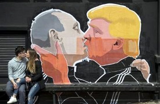 Putin-Trump Brormance mural created by artist Mindaugas Bonanuin in Vilnius, Lithuania.