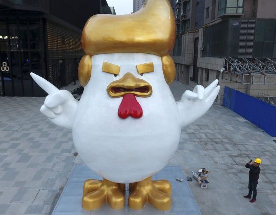 Squawking, tweeting Trump Rooster rules over Chinese Mall for 2017