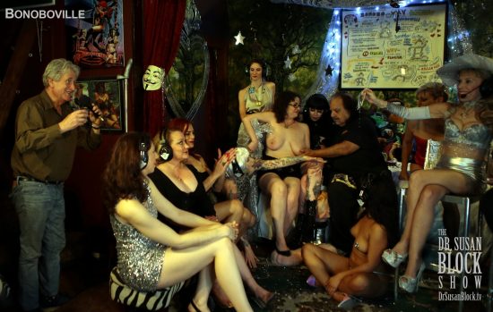 John Barrymore toasts our love as Ron Jeremy weighs Rhiannon's boobs by hand. Photo: B Natural