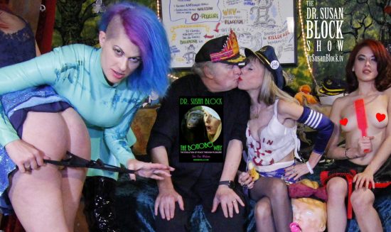 Capt'n Max and Dr. Suzy celebrate the Captain's Birthday and The Bonobo Way's 3rd Anniversary with a Big Kiss, accompanied by the glorious Goddess Soma and adorable Onyx Muse. Photo: Abe Bonobo