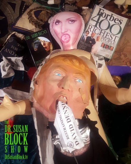 Our Stormy Daniels blow-up doll has tRUMP gagged with his own Restraining Order. Photo: Author