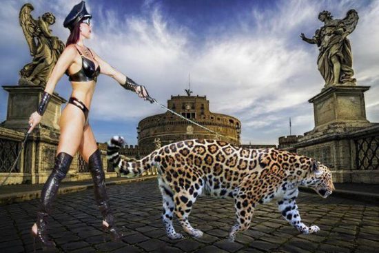 Glamazon Goddess Phoenix out for a stroll with a leopard.