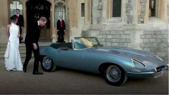 Duke and Duchess of Sussex get into their new electric Jag.