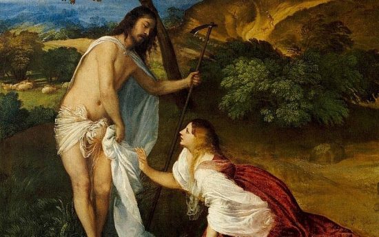 Jesus comes down from the Cross for Magdalene, and She goes straight for His crotch! Painting: Tizian