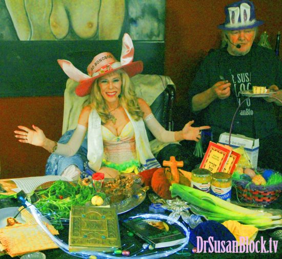 Displaying our Bonoboville Easter Eve 4/20 Passover Seder Table (and yes, that's Max eating non-kosher cake). Photo: Harry Sapien