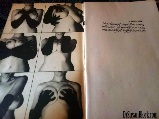 Annie Sprinkle's Hot Shit inscription dedicates "this issue of myself to Mickey (Max)." Opposite Page: Annie's "Bosom Ballet." Photo: Author