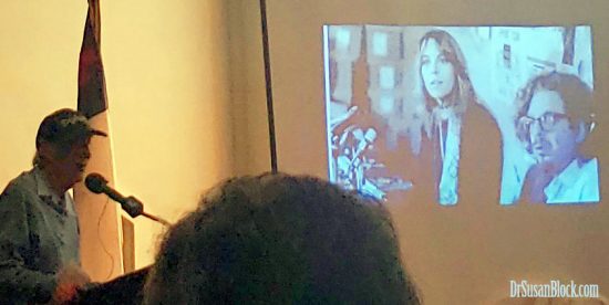 Ashgrove Folk Music Producer Ed Pearl talks about his adventurew with Art next to a photo of Art and Jane Fonda in her glorious anti-war years--when she was one of my role models! Photo: Author