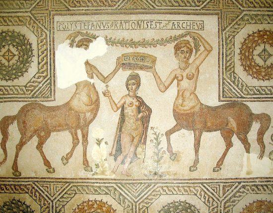 Female centaurs flanking Venus (Mosaic from Roman Tunisia, 2nd century AD)