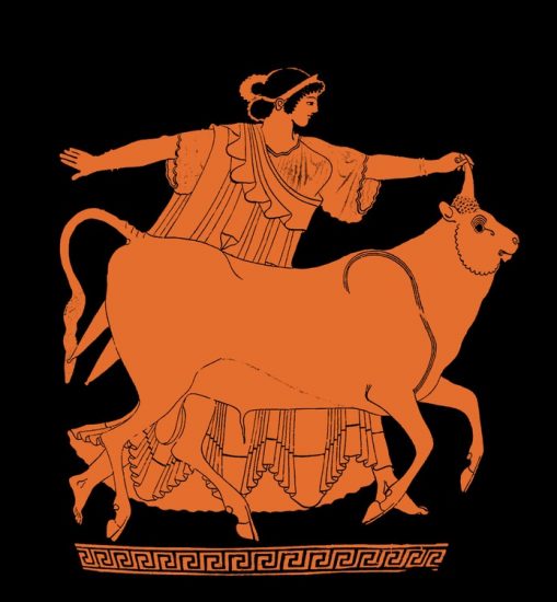 Illustration from a 5th century BCE Greek red-figure pottery vase showing the myth of Europa and Zeus disguised as a bull. (Tarquinia Archaeological Museum, Italy)