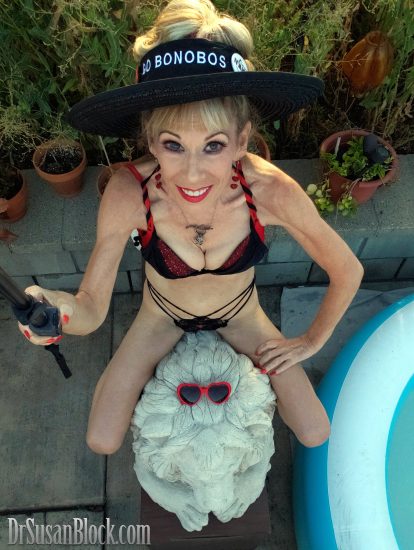 Straddling the Bonoboville Lion before getting in the pool. Photo: Selfie