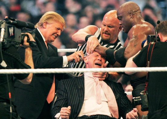 Practicing for his Presiduncey: tRUmp the Heel shaves WWE's Vince MacMahon's head.