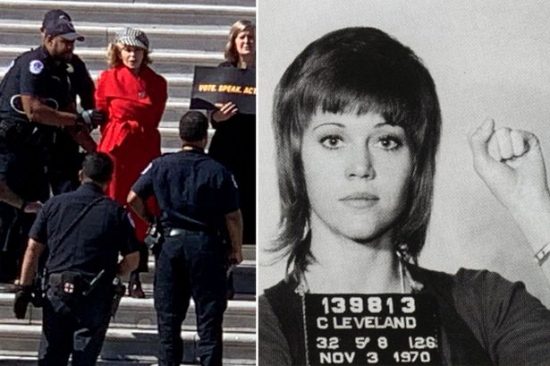 Jane Fonda arrested for protesting Climate Change Denial on the steps of the Capitol in 2019 and for protesting the Vietnam War in Cleveland in 1970