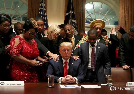Germaphobe Trumpus accepts the Laying on of Hands for Evangelical Cash.