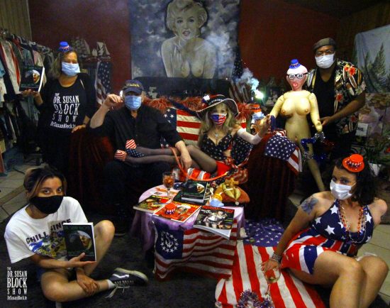 Masked 4th of July in Bonoboville with Ana, Pixie, Capt'n Max, Sunshine, Harry Sapien and Stormy the Blow-Up Doll. Photo: Unscene Abe
