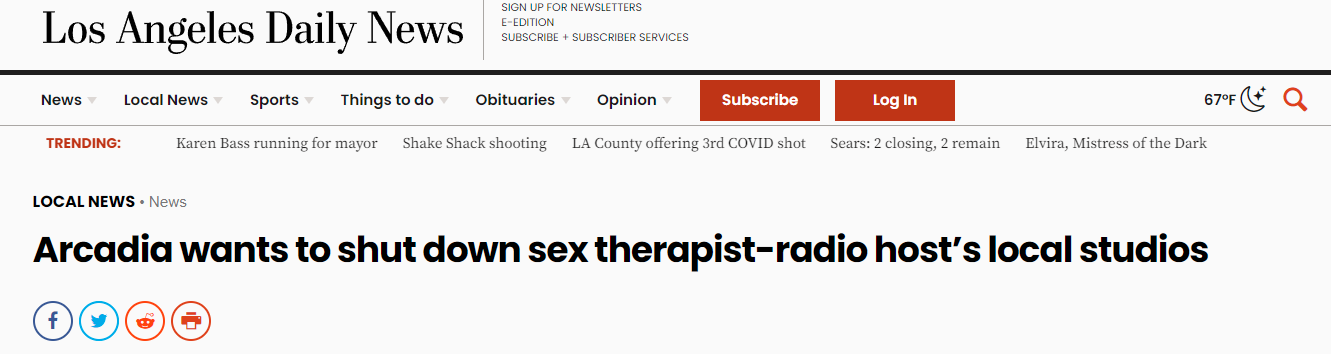 Arcadia wants to shut down sex therapist-radio host's local studios